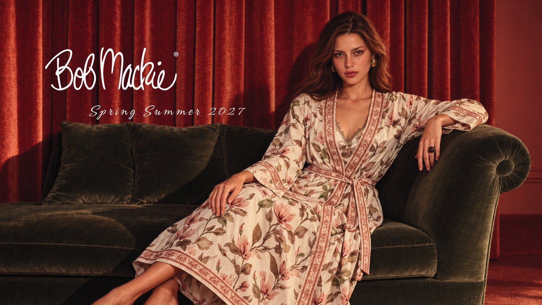 Bob Mackie Spring Summer 2027 campaign: a botanical print robe against rust curtains and a green velvet sofa.